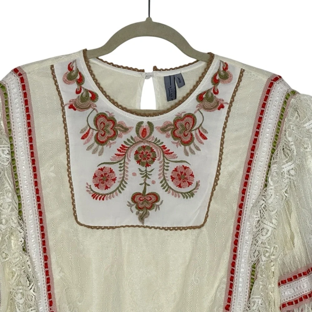 Anthropologie Bl-nk London Cream Lace Embroidered Floral Long Sleeve Top| Size L